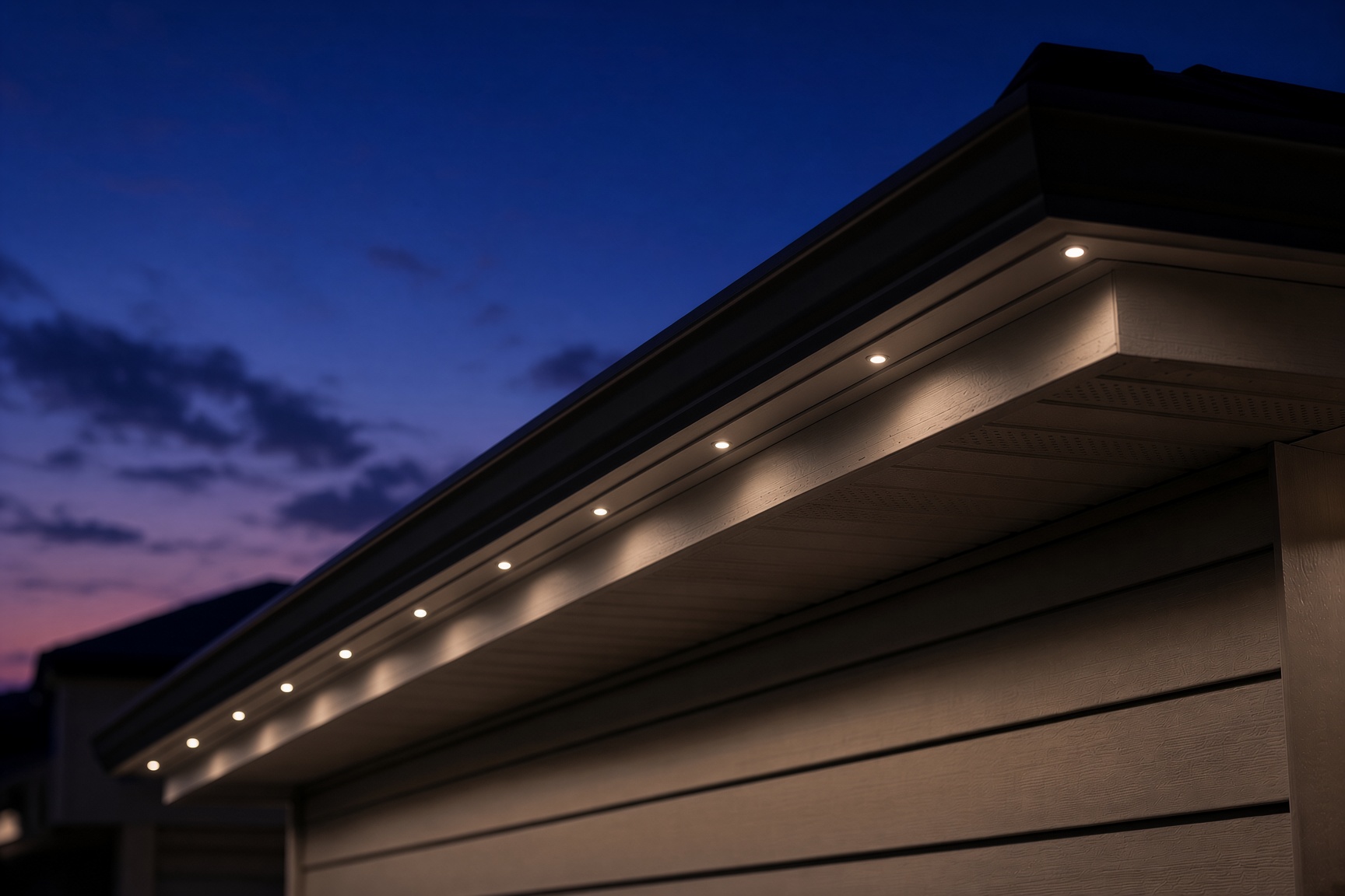 IronPeak LED pucks seated in aluminum soffit track