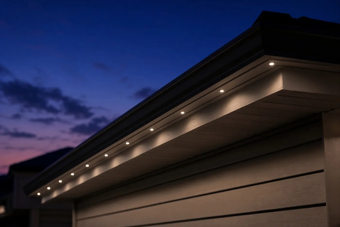 IronPeak LED pucks seated in aluminum soffit track