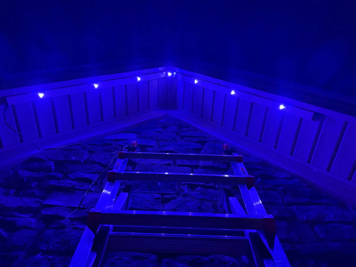 Lit IronPeak pucks along the fascia above a ladder at night