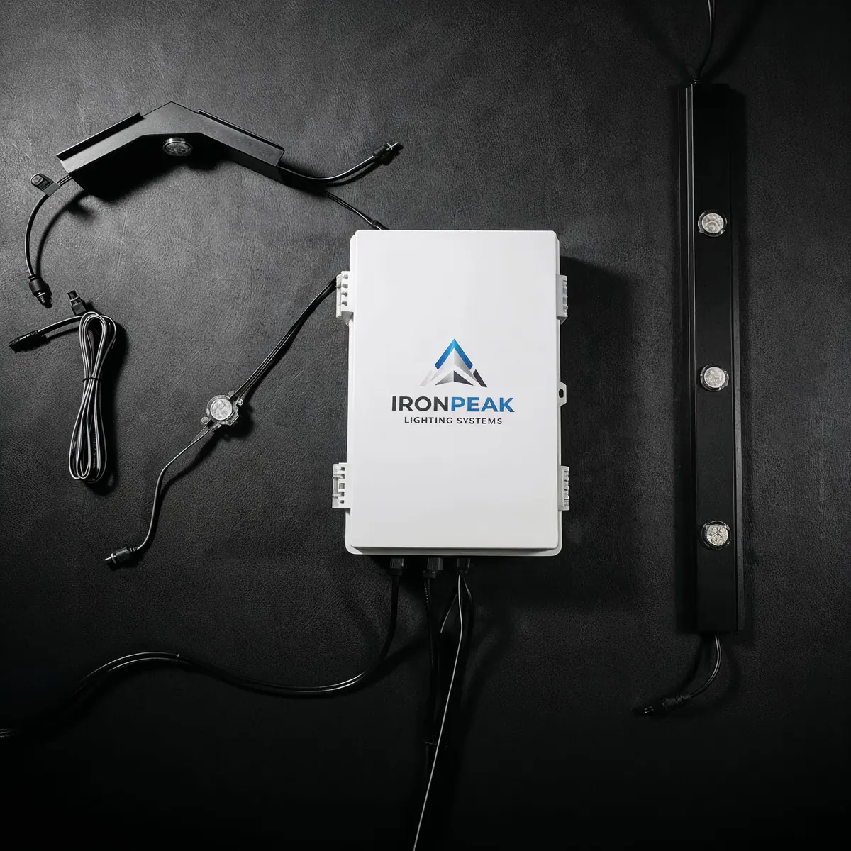 IronPeak matte black roofline kit — track, strands, power supply, and controller