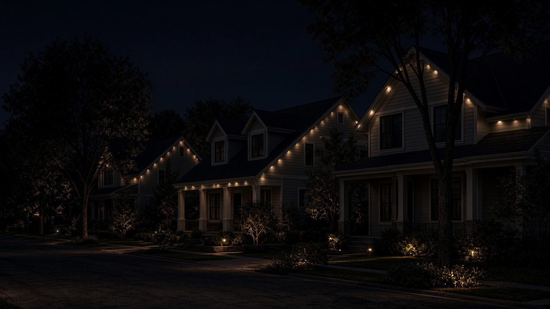 Craftsman home at night with warm architectural lighting along the roofline
